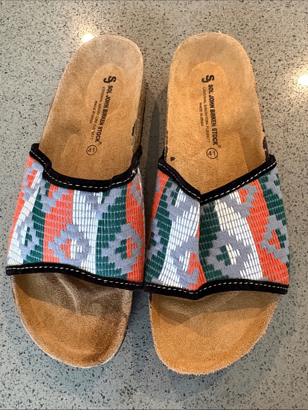 Never worn Birkenstock Patterned Slide Sandals in Green, Orange, Gray & White